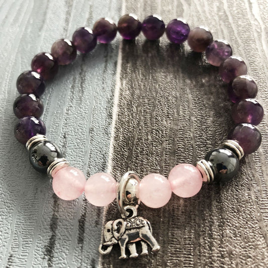 Mala bracelet in natural amethyst with elephant motif,