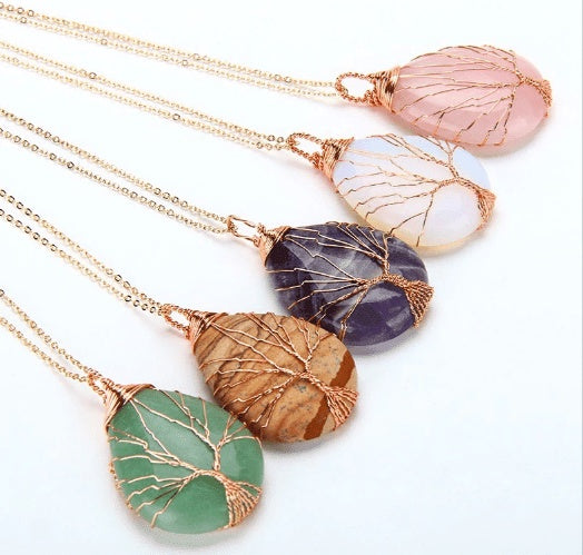 Necklace in natural quartz and opal stone, handmade in rose gold with tree of life